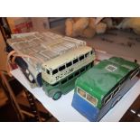 Dinky four berth caravan and double decker bus both playworn and a collection of cigarette cards