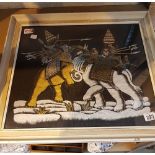 Framed silk of elephants and soldiers in