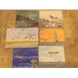 Six unframed WWII aircraft oil on canvas