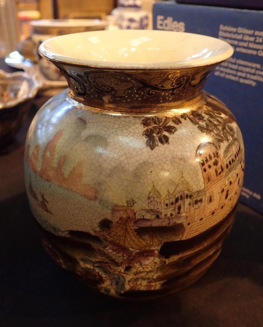 Oriental crackle glazed pot with ship un