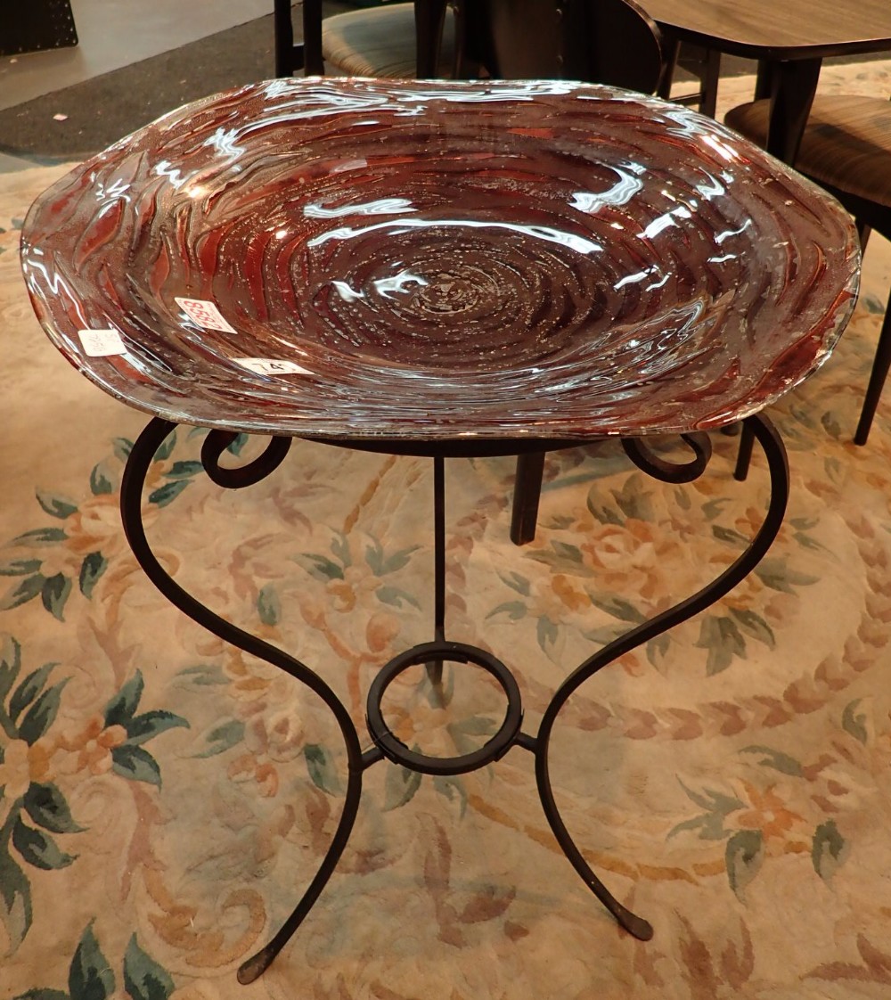 Glass topped bird bath on metal frame