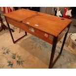 Stained pine double lifting lid school desk with graffiti 1970 / 80s L : 100 cm