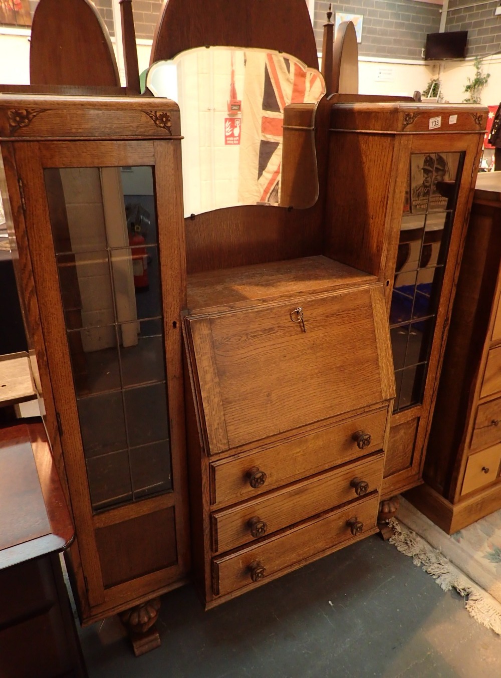 Side by side bureau bookcase in oak with rear mirror H : 180 cm