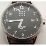 CCCP REPLICA modern gents steel cased automatic wristwatch with Arabic chapters against a black