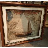 Framed and glazed model half ship on a background map of Ireland