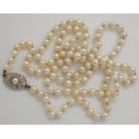 Single strand of pearls having a ( presumed and marks indistinct ) white gold or platinum and