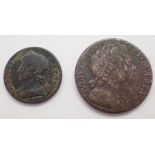 William IV third farthing 1827 William and Mary halfpenny 1904 and Charles II farthing 1678