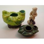 Early Chinese cricket green glazed pottery water dropper W: 5 cm a further water dropper and a Tang