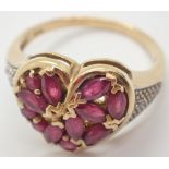 9ct gold ruby and diamond heart shape dress ring size K 3.