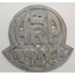 Cast aluminium ARP Warden WWII sign H: 11 cm