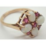 9ct gold opal and ruby cluster ring size M 3.