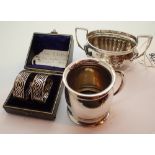 Hallmarked silver pair of boxed pierced napkin rings 1895 silver Christening tankard and a silver
