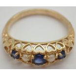 Vintage 9ct gold sapphire and pearl dress ring size N / O 2.