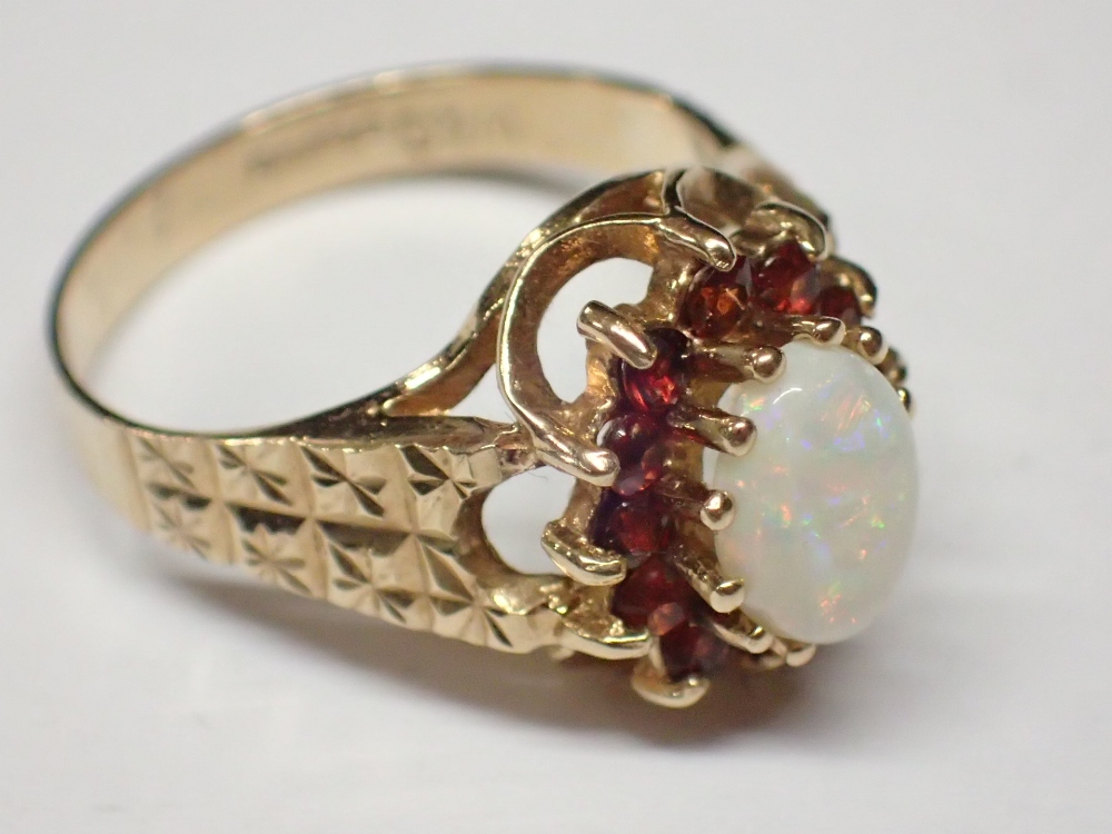 9ct gold opal and red stone ring size J 2.