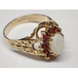 9ct gold opal and red stone ring size J 2.