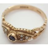 9ct yellow gold sapphire and seed pearl set ring size M / N 2.