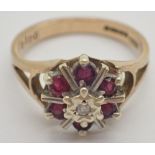 9ct gold ring with diamond and rubies size M 2.