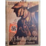 WWII German paper poster on card back with Nazi Waffen stamp to verso