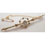 Edwardian 15ct gold bar brooch set with an aquamarine and seed pearls 3.