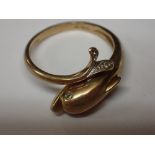 9ct gold dolphin ring set with small diamonds size L 2.