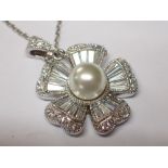 Silver faux pearl and cubic zirconia pendant on silver chain