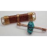 Two vintage 9ct gold brooches the first set with turquoise the second with goldstone