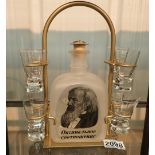 Russian frosted glass vodka decanter with stainless steel mount and eight vodka glasses