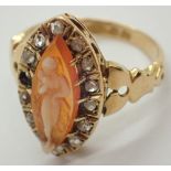 Antique 18ct gold cameo and diamond cluster ring size G 3.