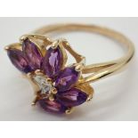 9ct gold marquis cut amethyst and diamond dress ring size N