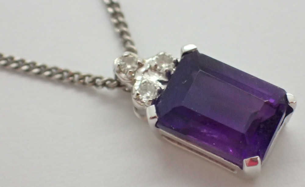 9ct white gold amethyst and diamond pendant on 9ct white gold necklace