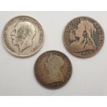 1889 and 1918 half crowns and 1899 florin
