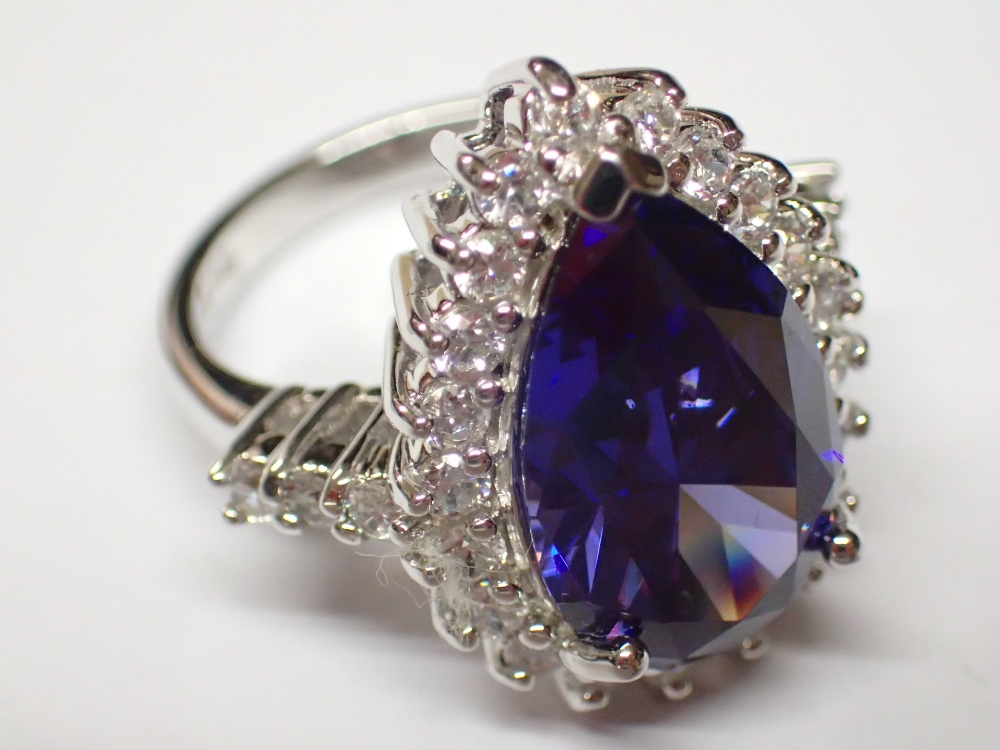Silver large purple pear cut stone ring ring size L