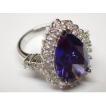 Silver large purple pear cut stone ring ring size L