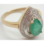 9ct gold emerald and diamond cluster ring size P 2.