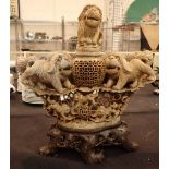 Large Chinese carved hardstone urn on stand H: 35 cm