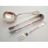 Vintage Danish silver sugar tongs tea strainer and small pickle fork believed to have been given as