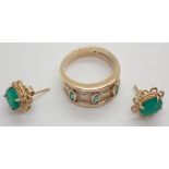 9ct gold emerald and diamond ring size O and earrings set 8.