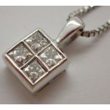 9ct white gold pendant necklace set with four princess cut diamonds to form a square