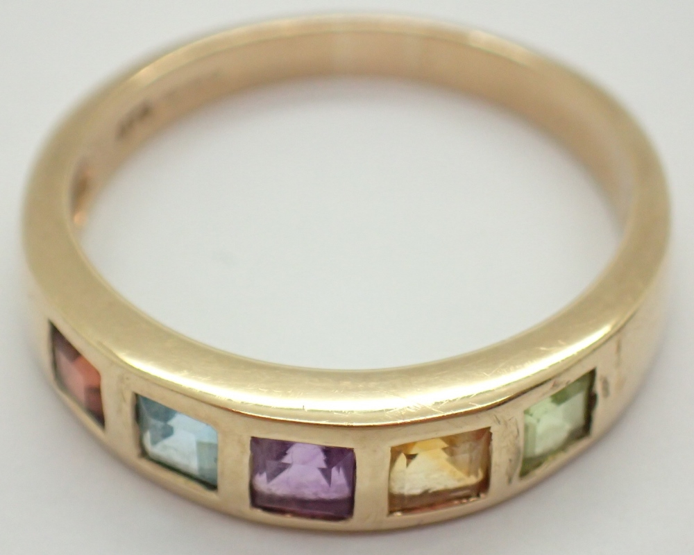 9ct gold multi coloured semi precious stone set ring size O 2.