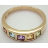 9ct gold multi coloured semi precious stone set ring size O 2.