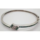 Silver emerald set hinged bangle