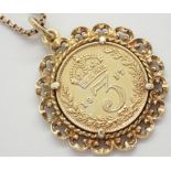 Silver gold plated threepence pendant on silver gold plated box chain