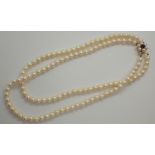 Double strand of pearls having a hallmarked 9ct gold amethyst and pearl clasp