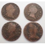 Three George III and one George II hibernia halfpennies