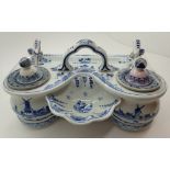 Hand painted Delft blue and white double inkwell c1880 including two ink containers lids and pen
