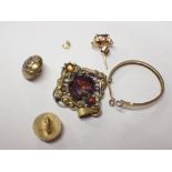 Antique garnet set pendant single gold earring and a 9ct gold coin mount