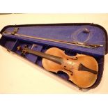 Antique one piece back violin with deep carved scroll and two post interior supports un-named