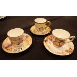Set of three Royal Worcester cabinet cups and saucers Bramble London and English Flower