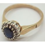 9ct gold sapphire and diamond cluster ring size N / O 2.