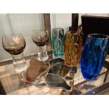 Three union bullet vases two glass window hangers and two 1970s heavy glasses